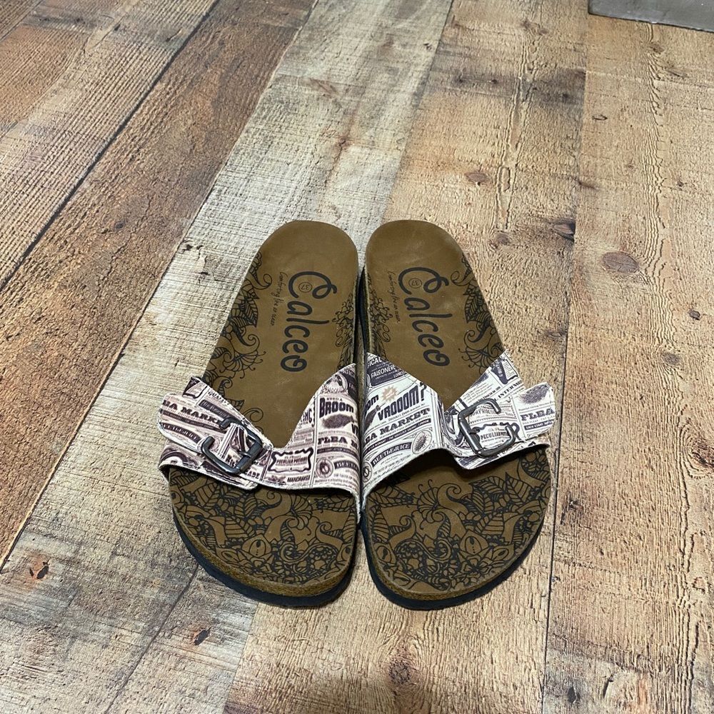 Beige Newspaper Buckle-Accent Sandal CAL905